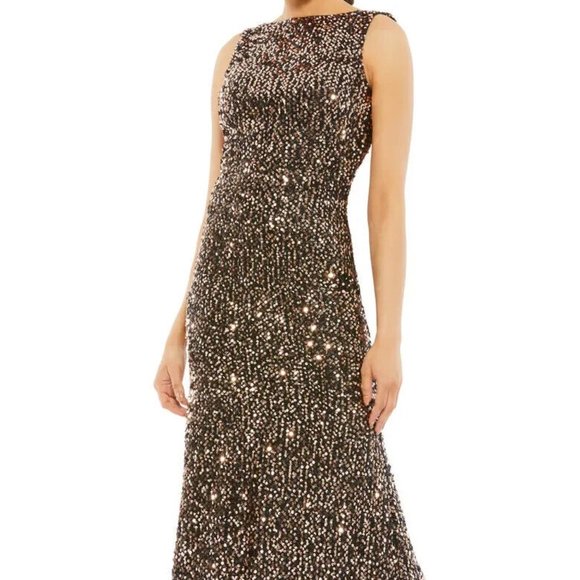 Mac Duggal Copper Black Sequin Drape Back Trumpet Gown